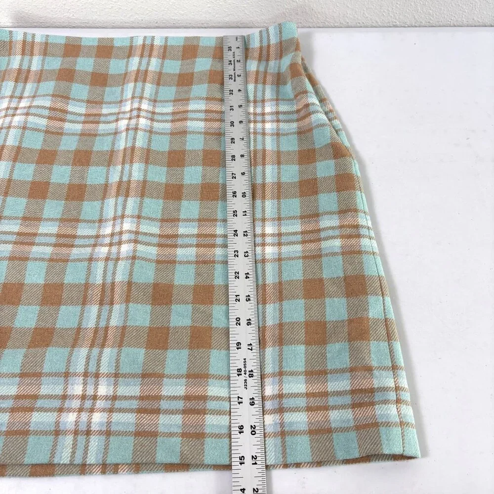 Talbots A Line Skirt‎ Womens Size 10 Blue Tan Plaid Side Zip Wool Blend Lined